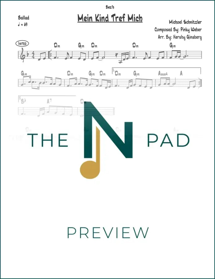 Sheet music for "Mein Kind Tref Mich" by Michoel, published by The Notation Pad, featuring a lead sheet with musical notation.