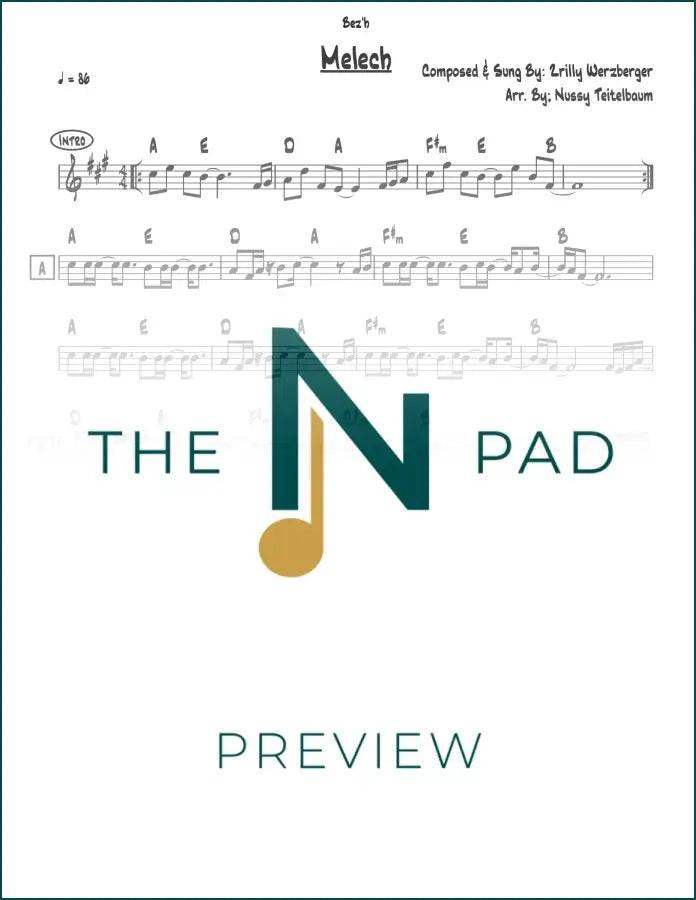 Sheet music titled "Melech" by Zrilly Wertzberger from The Notation Pad, showcasing musical notes on a lead sheet.