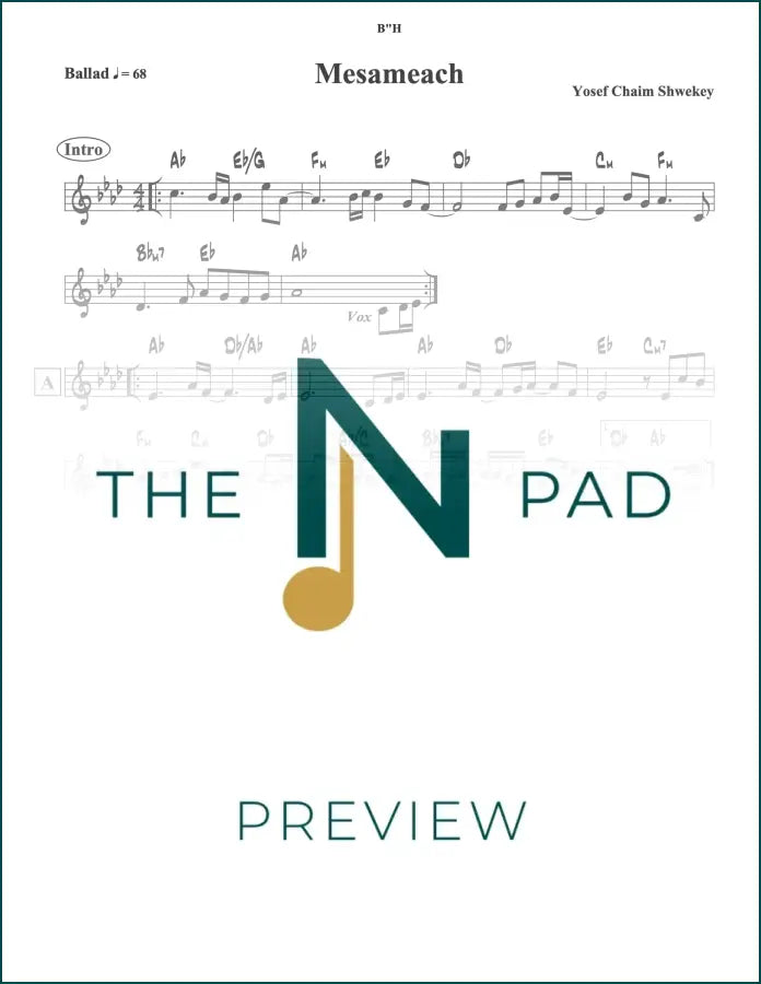 Sheet music for "Mesameach" by Y C Shwekey, published by The Notation Pad, showing musical notes on a lead sheet.