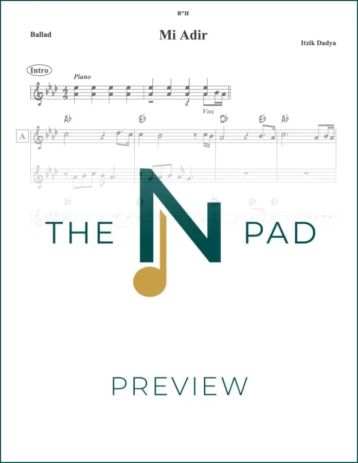 Sheet music for "Dadya" by Mi Adir from The Notation Pad, showing musical notes and lead sheet layout.