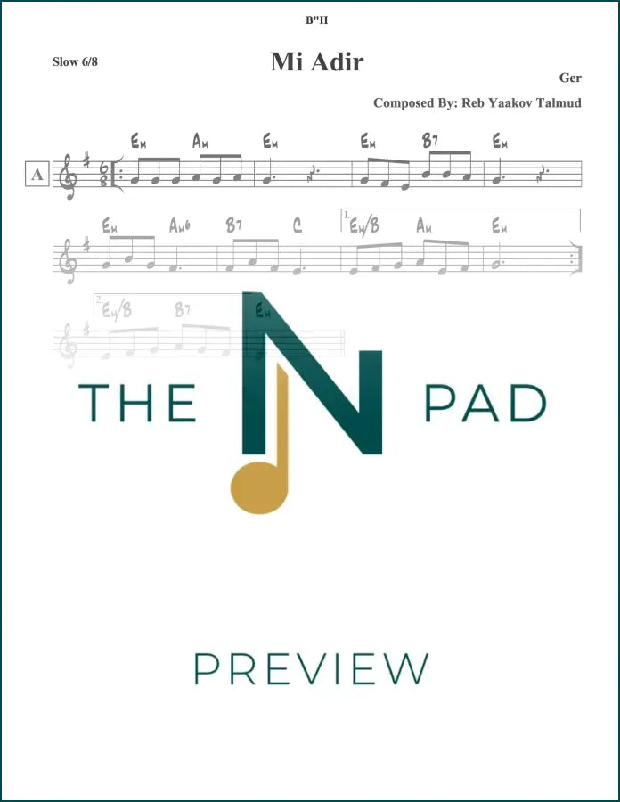 Sheet music for "Mi Adir / Hayom Haras" by Ger, published by The Notation Pad, showing musical notes and lead sheet format.