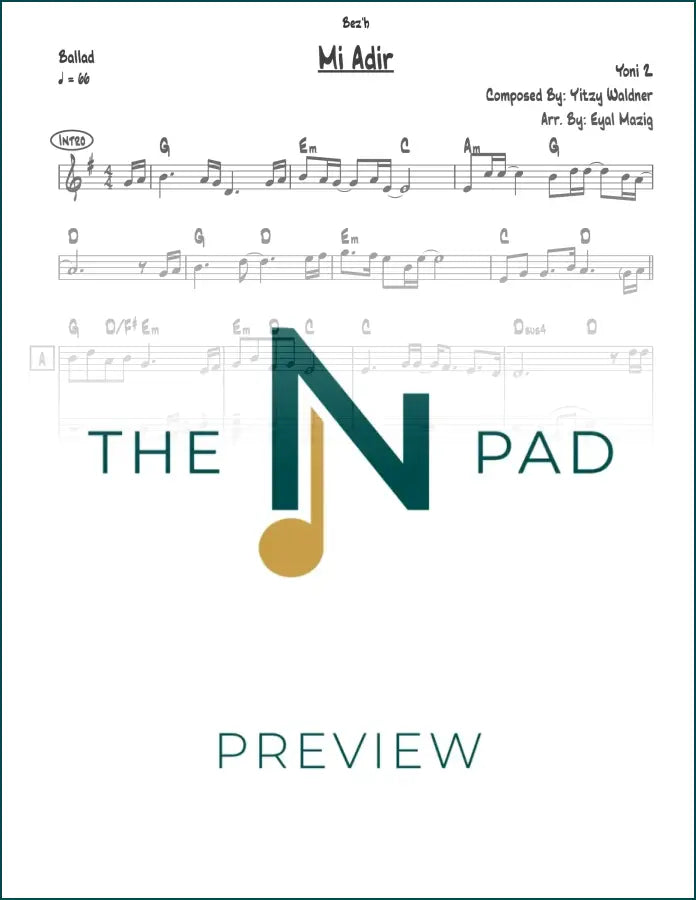 Sheet music for "Yoni Z" by Mi Adir, published by The Notation Pad, featuring musical notes and staff lines on a clean background.