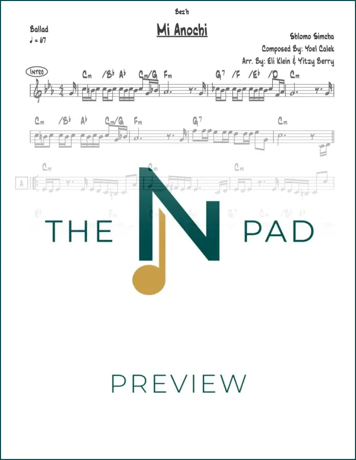 Sheet music for "Mi Anochi" by Shlomo Simcha, a lead sheet from The Notation Pad, showing musical notes and lyrics.