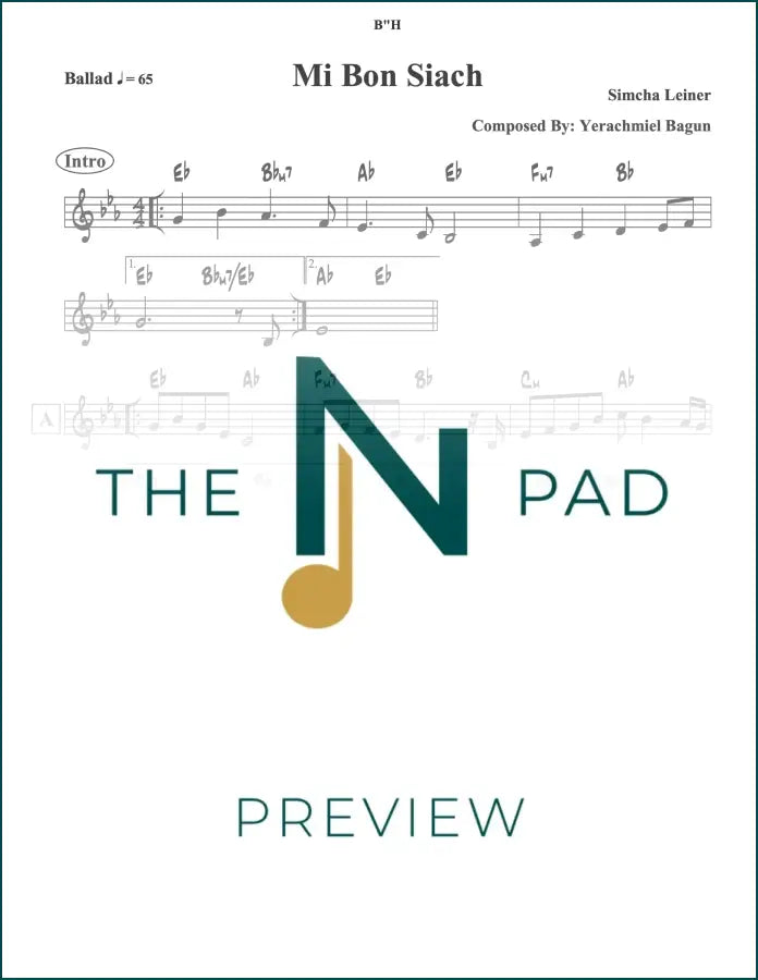 Sheet music for "Mi Bon Siach" by Leiner, published by The Notation Pad, showing musical notes on the lead sheet.