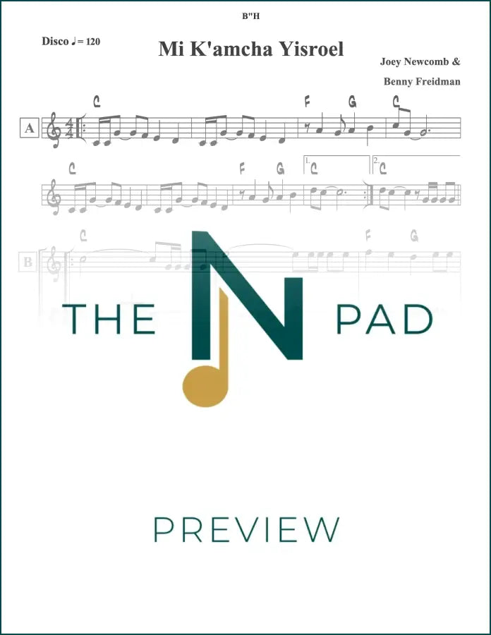 Sheet music for "Mi Keamcha Yisroel" by Joey Newcomb, published by The Notation Pad, showing musical notes on a lead sheet.