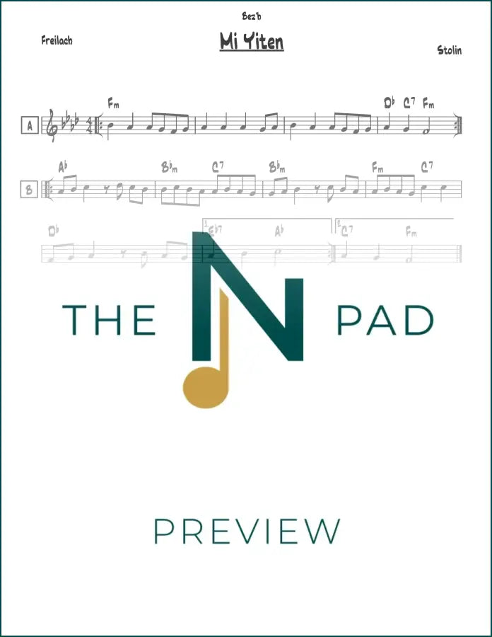 Sheet music for "Mi Yiten - Stolin" by The Notation Pad, featuring detailed lead sheet notation on a music stand.