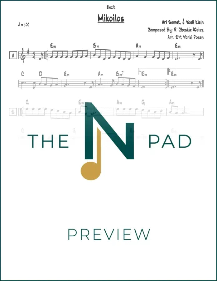 Sheet music titled "Mikoilos" by Cheskie Weisz from The Notation Pad, featuring a lead sheet with musical notation.