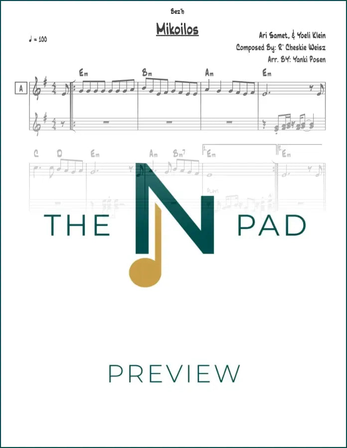 Sheet music titled "Mikoilos" by Cheskie Weisz from The Notation Pad, showing musical staff and notes on a clean background.