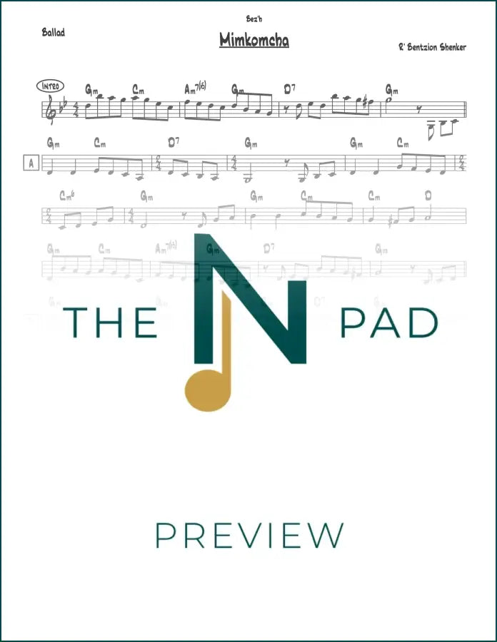 Sheet music for Mimkomcha by Shenker from The Notation Pad, featuring lead sheet with musical notation.