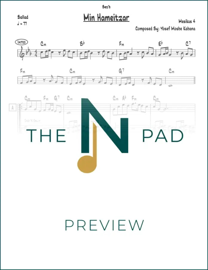 Sheet music for Min Hameitzar - Mesikus by The Notation Pad, showing musical notes on a lead sheet in black and white.