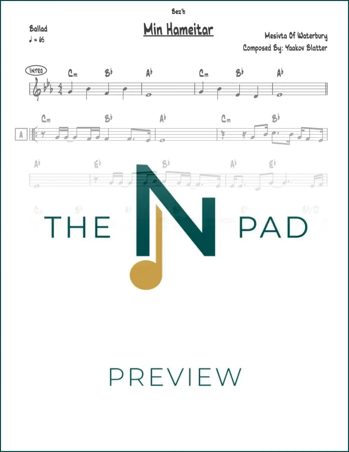 Sheet music titled "Waterbury" by Min Hameitzar, published by The Notation Pad, showing musical notes on a printed lead sheet.