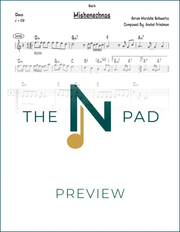 Sheet music for Mishenechnas - Avrum Mordche by The Notation Pad, showing musical notes on a printed lead sheet.