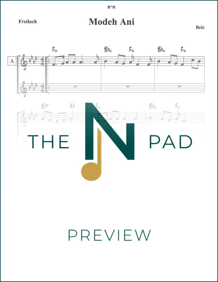Sheet music for "Modeh Ani" by Belz from The Notation Pad, showing musical notes on a lead sheet.