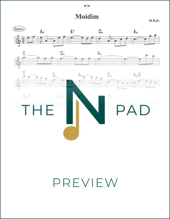 Sheet music titled "Modim - MBD" by The Notation Pad, featuring lead sheet music with musical notation on a clean background.