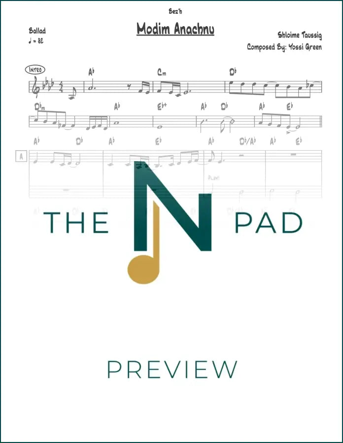 Sheet music for "Nodeh Lechu" by Modim, arranged by The Notation Pad, showing musical notes on a printed lead sheet.