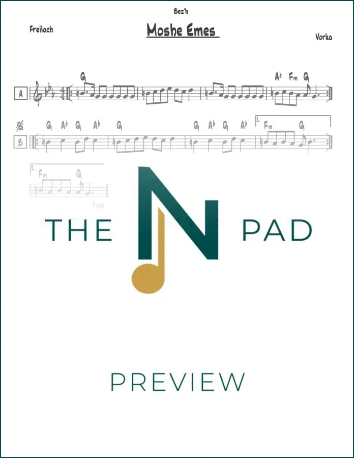 Sheet music for Moshe Emes - Vorka by The Notation Pad, showing a lead sheet with musical notes and lyrics.