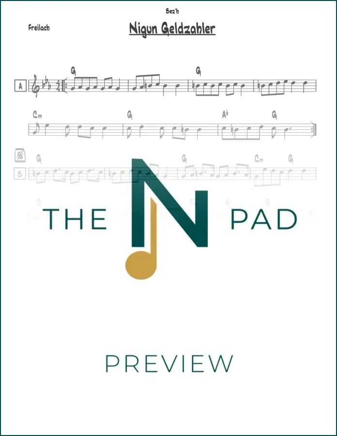 Sheet music lead sheet for Nigun Geldzahler by The Notation Pad, featuring musical notation on white paper.