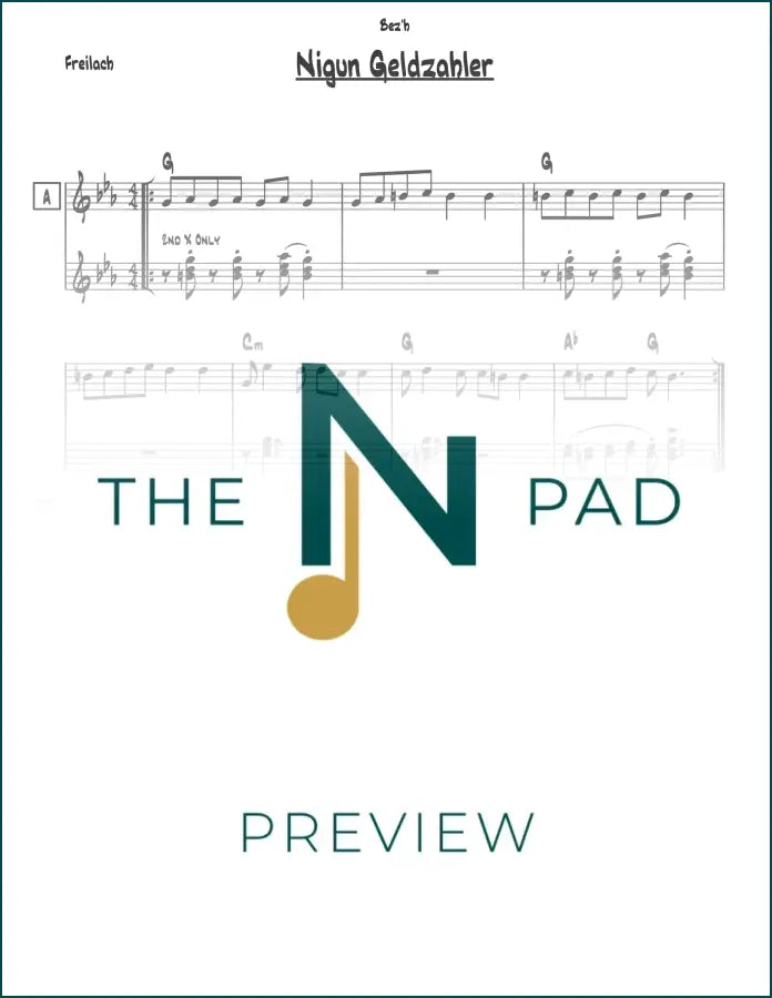 Sheet music for Nigun Geldzahler by The Notation Pad, featuring a lead sheet with musical notes and lyrics.