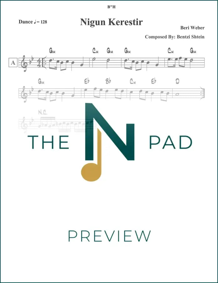 Sheet music for Nigun Kerestir - Beri by The Notation Pad, featuring lead sheet with musical notes on white paper.