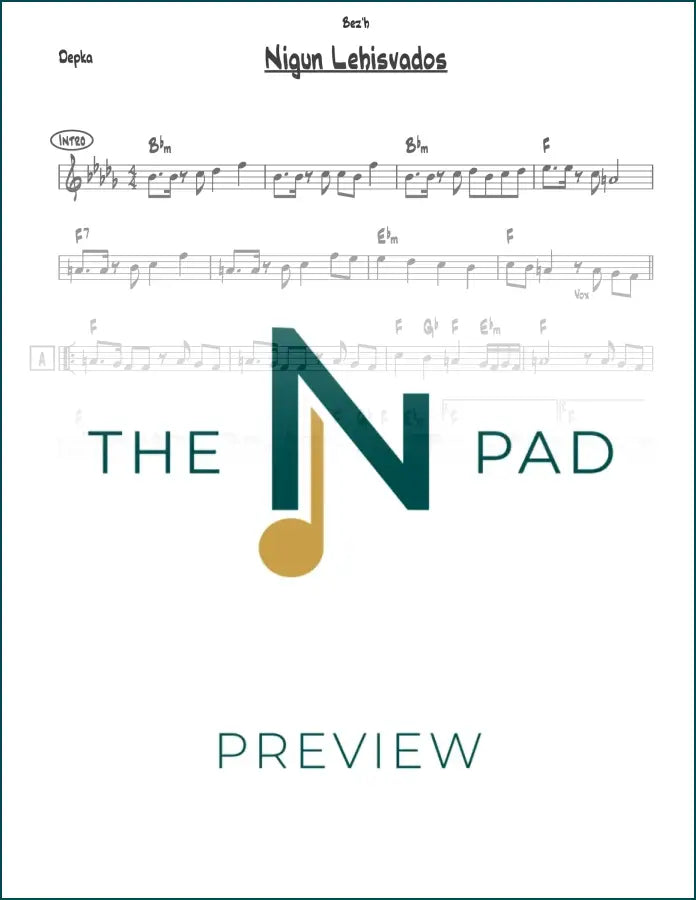 Sheet music for Nigun Lehisvados - Depka by The Notation Pad, featuring a lead sheet with musical notation on paper.