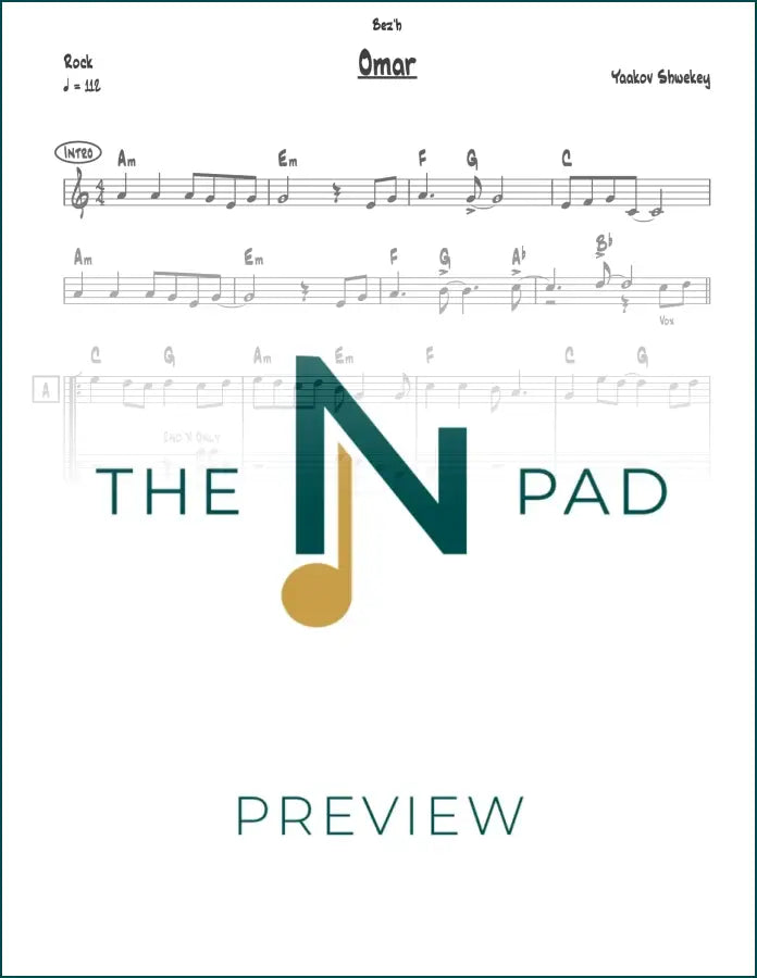 Sheet music for "Omar" by Shwekey from The Notation Pad, featuring a lead sheet with musical notes and lyrics.