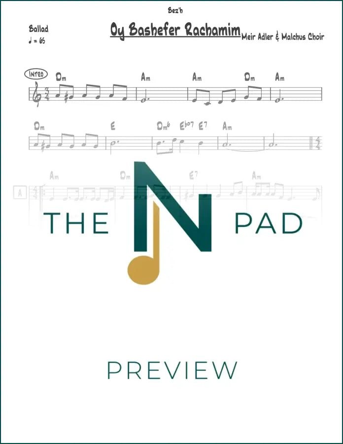 Sheet music for "Oy Bashefer Rachamim" by Adler, published by The Notation Pad, featuring musical notes on a lead sheet.