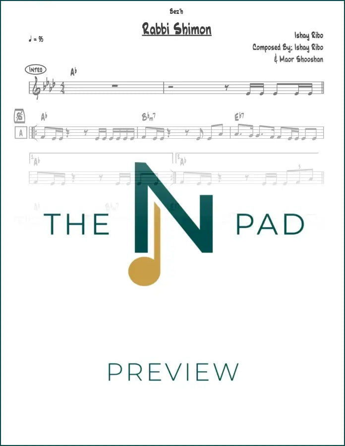 Sheet music for Rabbi Shimon by Ribo, published by The Notation Pad, showing musical notes on a lead sheet.