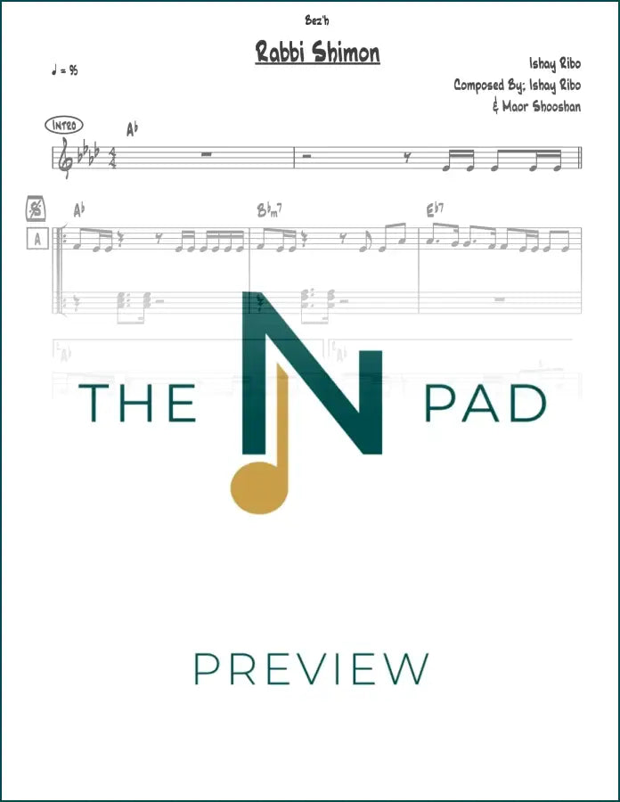 Sheet music titled Rabbi Shimon - Ribo from The Notation Pad, featuring a lead sheet for musical performance.