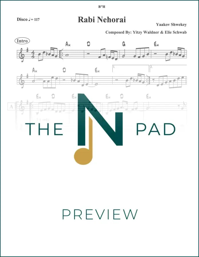 Sheet music lead sheet for "Rabi Nehorai" by Shwekey from The Notation Pad, featuring musical notes and lyrics on a white background.