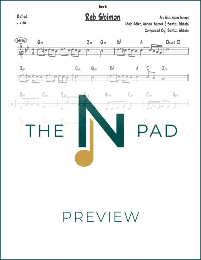 Sheet music for Reb Shimon / Mevatel Kol Hagezeiros by Bentzi Shtein, published by The Notation Pad, displayed on a music stand