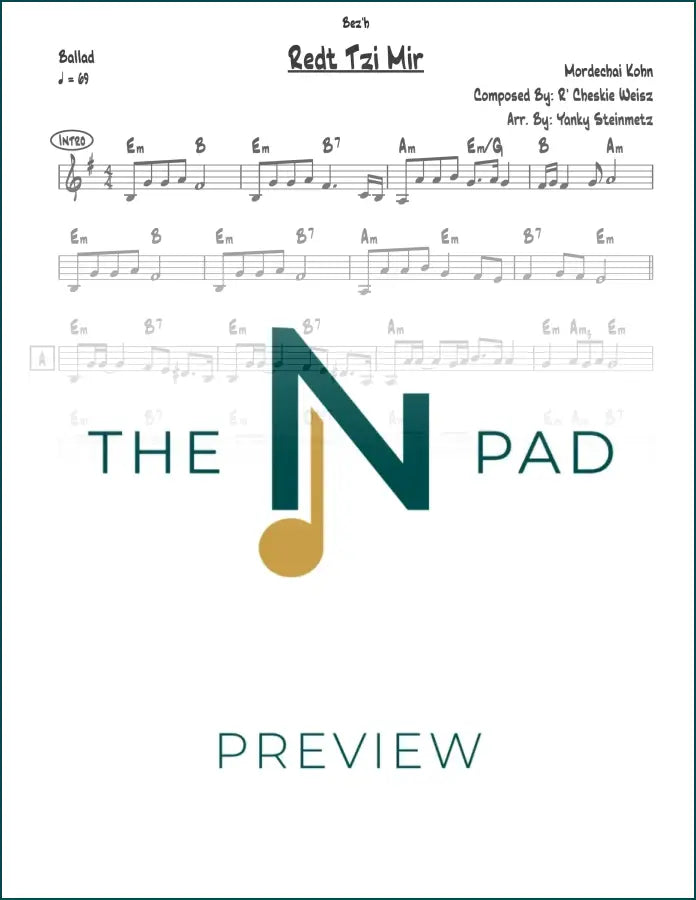 Sheet music for "Redt Tzi Mir" by Mordechai Kohn, published by The Notation Pad, showing musical notes on a lead sheet.