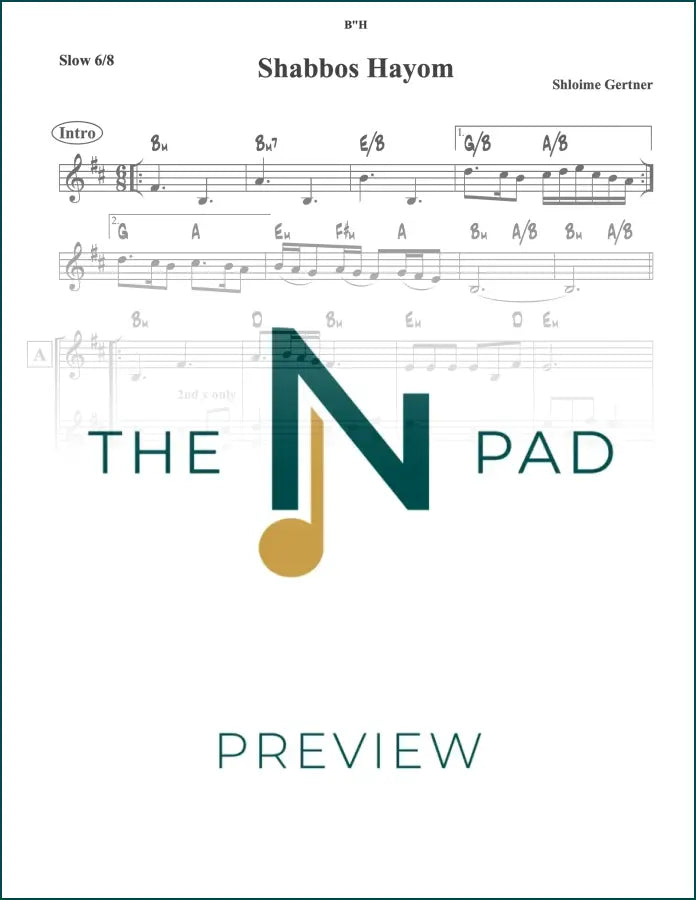 Sheet music for "Shabbos Hayom" by Gertner, published by The Notation Pad, featuring lead sheet with musical notation.