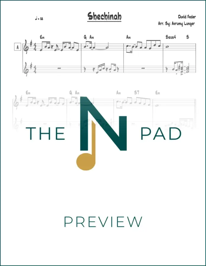 Sheet music titled Shechinah by Feder from The Notation Pad, featuring musical notes on a printed lead sheet.