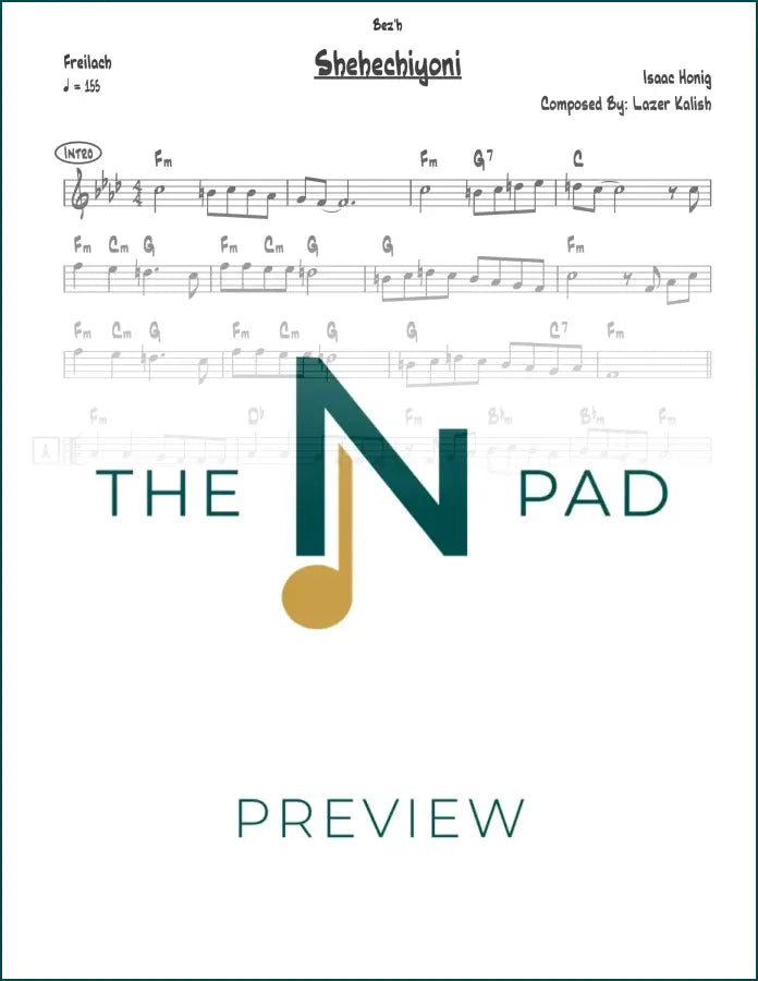 Sheet music for Shehechiyuni - Honig by The Notation Pad, featuring lead sheet notation on a music stand.