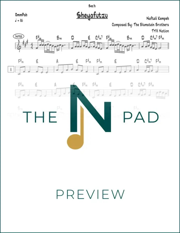 Sheet music titled "Sheyafutzu" by The Notation Pad, featuring a lead sheet with musical notation on a clean background.