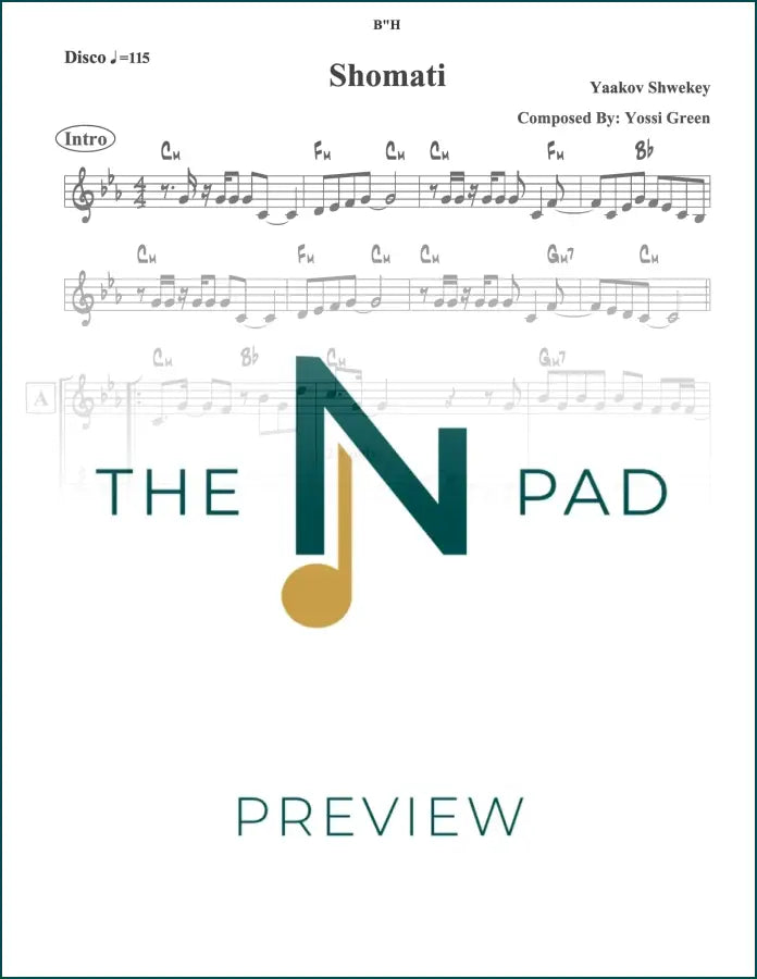 Sheet music titled "Shomati" by Shwekey from The Notation Pad, featuring lead sheet with musical notes and lyrics.