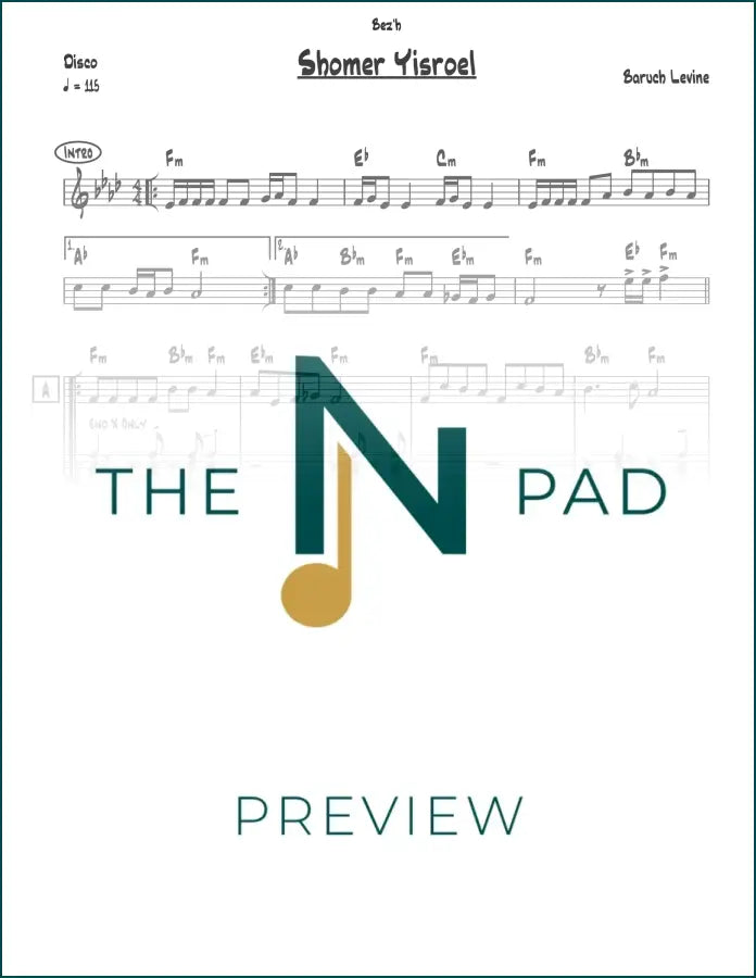 Sheet music for "Shomer Yisroel" by Levine from The Notation Pad, featuring a lead sheet with musical notation.