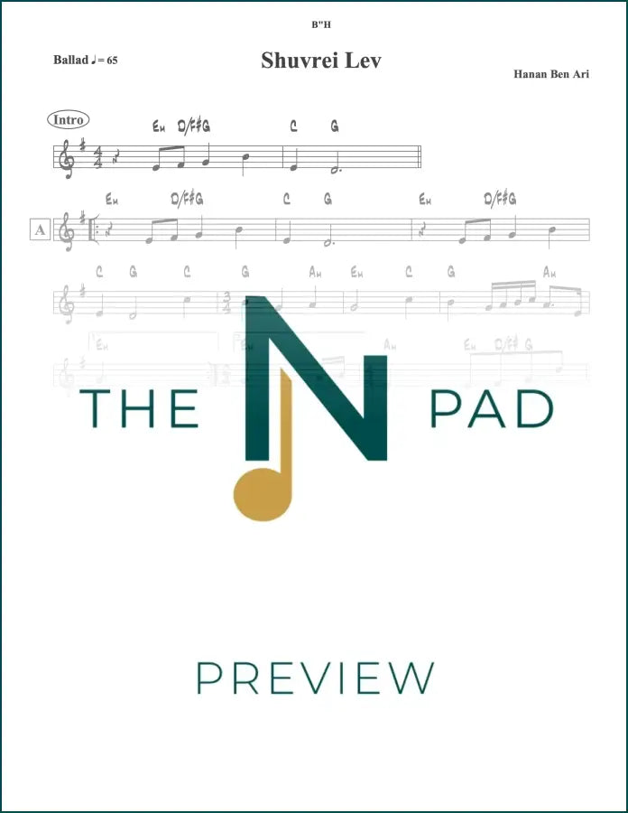 Sheet music for "Shvurei Lev" by Hanan Ben Ari, published by The Notation Pad, showing musical notes and lyrics on the lead sheet.