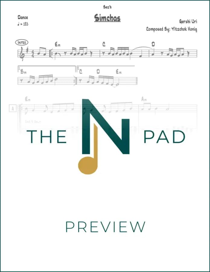 Sheet music for "Simchas" by Gershi Uri, a lead sheet from The Notation Pad, featuring musical notes on a printed sheet.
