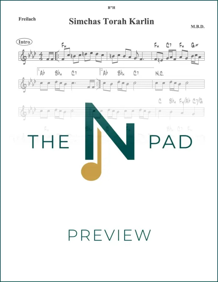 Sheet music for Simchas Torah Karlin by MBD from The Notation Pad, featuring lead sheet notation on a clean, white background.