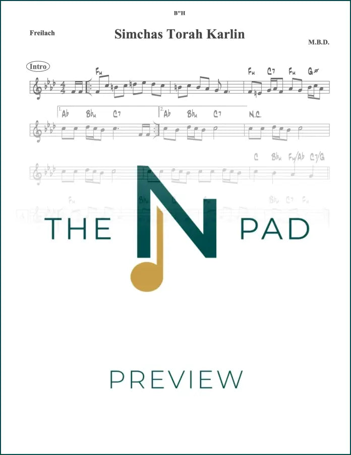 Sheet music for Simchas Torah Karlin by MBD from The Notation Pad, featuring a lead sheet with musical notation and lyrics.