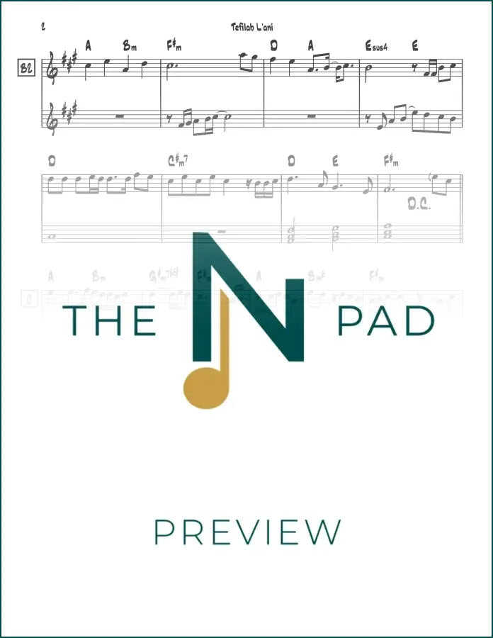 Sheet music for Tefilah L'ani by Tischler from The Notation Pad, featuring lead sheet with musical notes and lyrics.