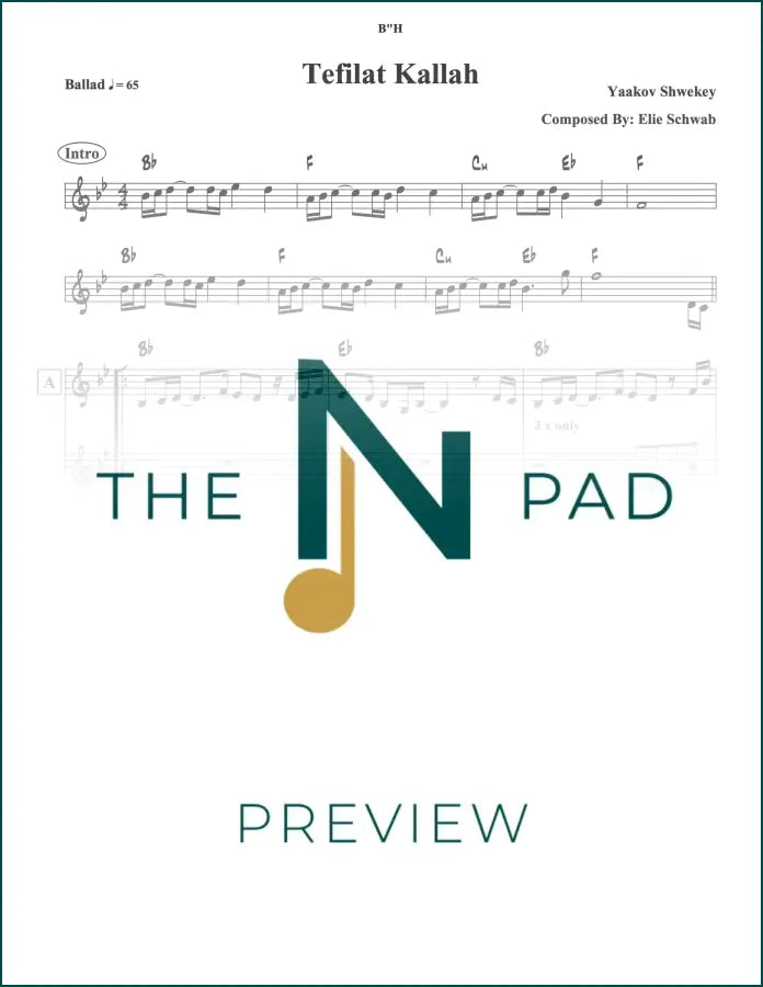 Sheet music for Tefilat Kallah by Shwekey, published by The Notation Pad, featuring musical notes on a printed lead sheet.