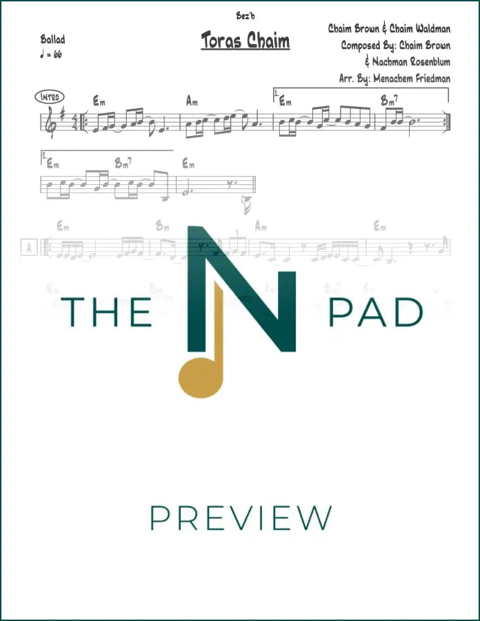 Sheet music for Toras Chaim by Chaim Brown and Waldman, published by The Notation Pad, displayed on a music stand.