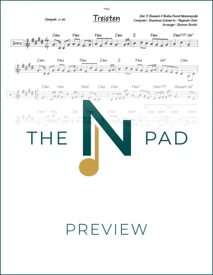 Sheet music for Treisten - Shir V’Shevach by The Notation Pad, showing musical notation on a clean white background.