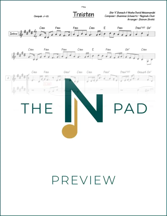 Sheet music for Treisten - Shir V’Shevach by The Notation Pad, featuring lead sheet with musical notation and lyrics.