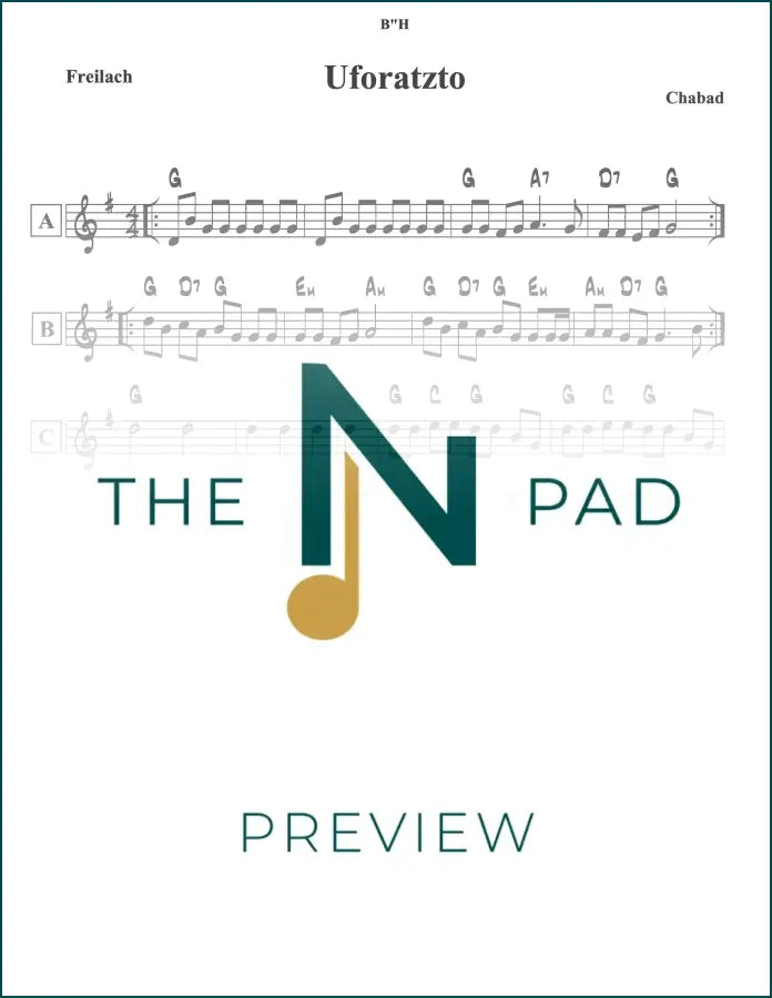 Sheet music lead sheet titled "Uforatzto" from Chabad by The Notation Pad, displayed on a music stand.