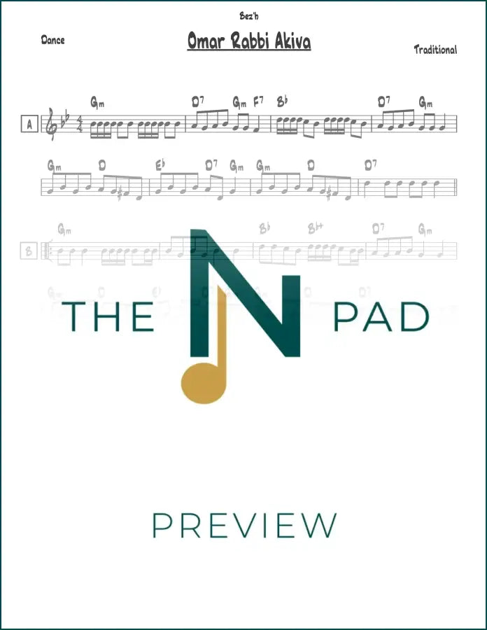 Sheet music for Umar Reb Akiva by The Notation Pad, featuring a lead sheet with musical notes and lyrics.