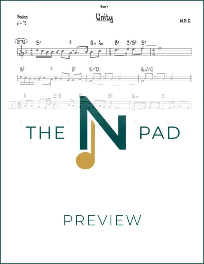 Sheet music for "Unity" by MBD, a lead sheet from The Notation Pad, featuring musical notation on a clean sheet.