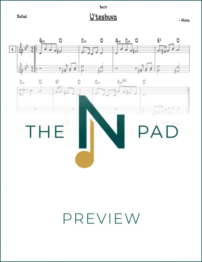 Sheet music for "Uteshuvah" by The Notation Pad, showing musical notes and lead sheet layout on a clean background.